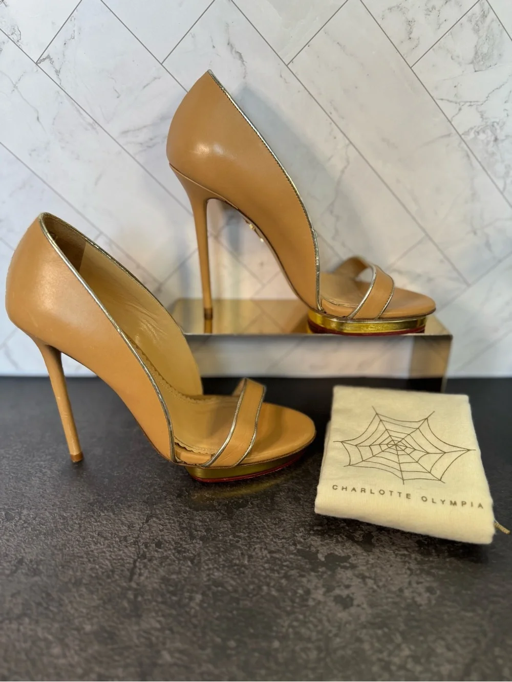 Charlotte Olympia Tan Open-Toe Stiletto Pumps Heels, Size 37
